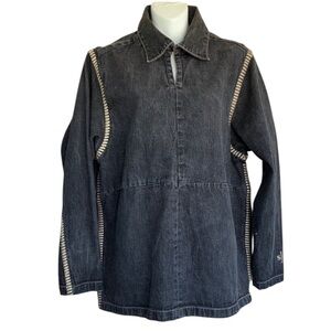SEAN JOHN Black Denim Long Sleeve Top, Extensive Tan Topstitching. L